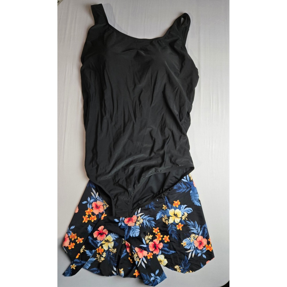 Lands End Women 3X 24W-26W Swim Dress Black Floral Tropical One Piece Swimsuit
